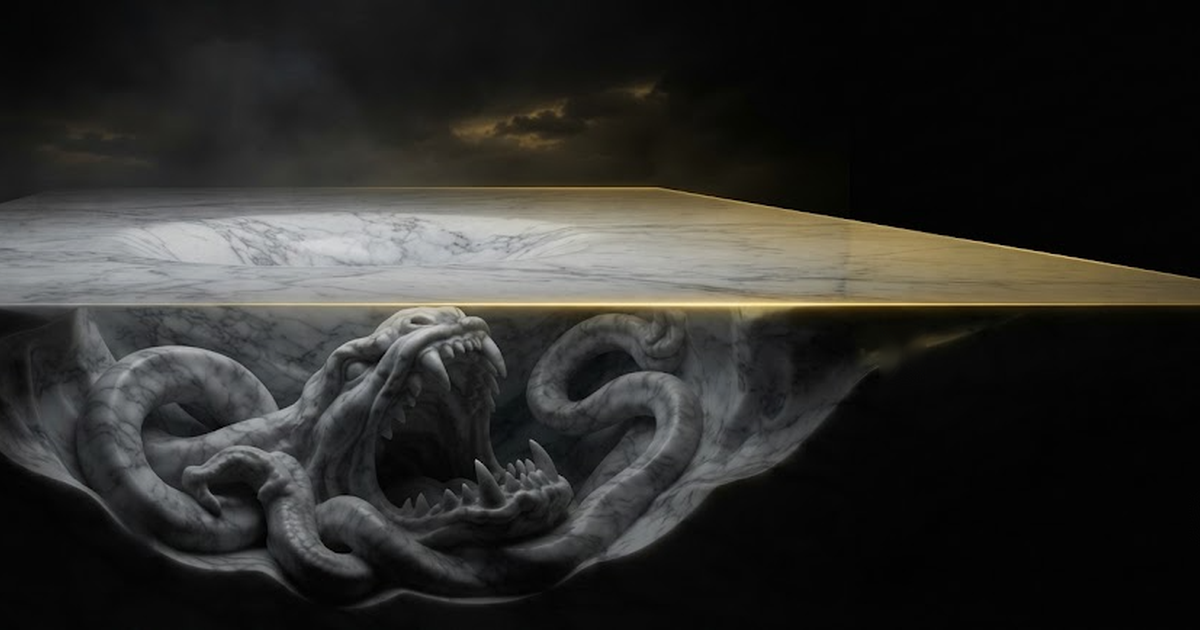 Charybdis coiled beneath a carved sea, her vast open mouth drawing the entire weight of the water down while the surface above stays smooth and unbroken and seems to belong to whoever stands on it, in a void of pure...