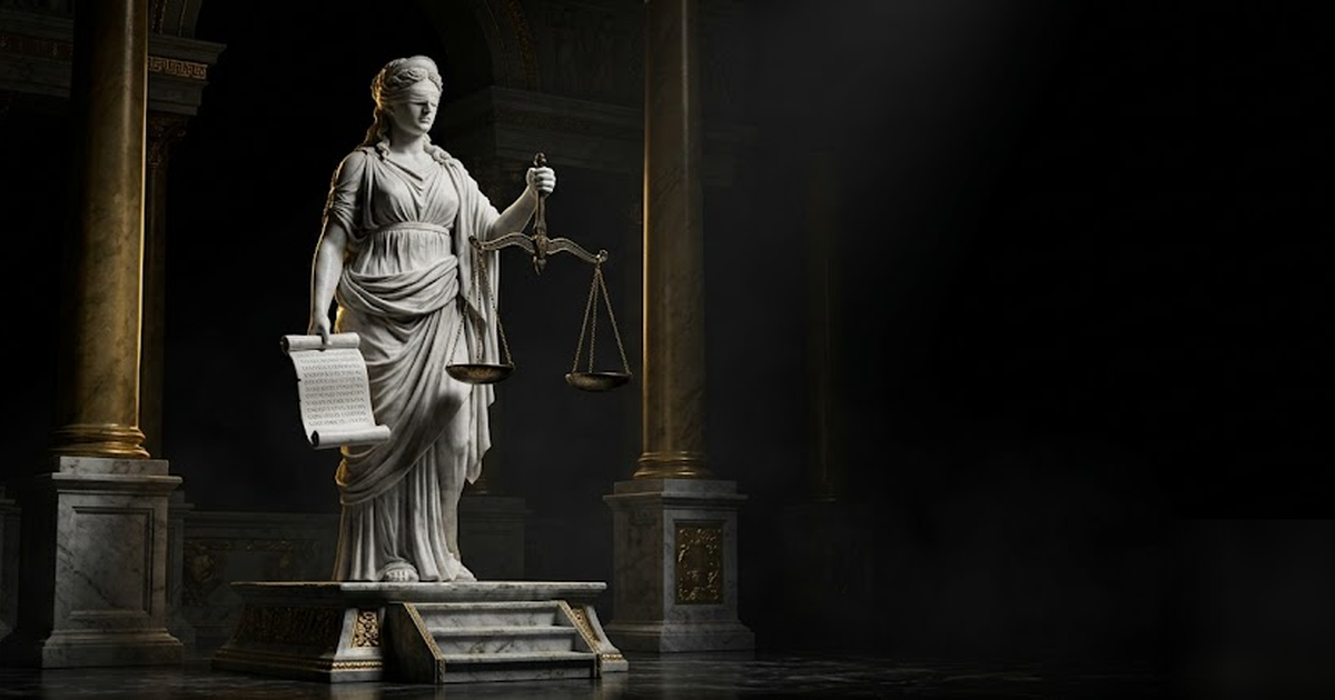 Cinematic Greek pantheon scene, Themis the goddess of justice holding a scale where one pan holds a marble scroll and the other is empty, void-black background with satin-gold marble, dramatic chiaros