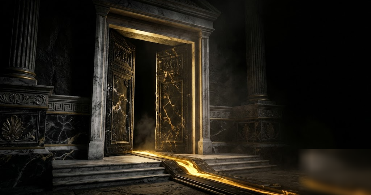 A void-black marble vault door standing open on a dark threshold, a thin river of liquid gold flowing out through the gap, cinematic Greek architecture, satin-gold veining, ominous chiaroscuro, framel