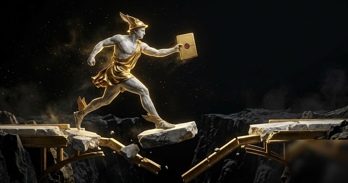 Hermes the messenger god mid-stride carrying a sealed golden tablet across a dark chasm, broken golden bridge fragments suspended in void-black space, cinematic, satin-gold and obsidian, frameless, no