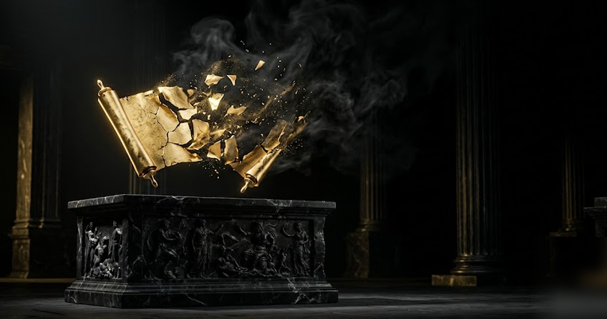 A shattered golden contract scroll dissolving into dark mist above a black marble plinth, cinematic Greek pantheon aesthetic, void-black and satin-gold, dramatic single light source, frameless, no tex