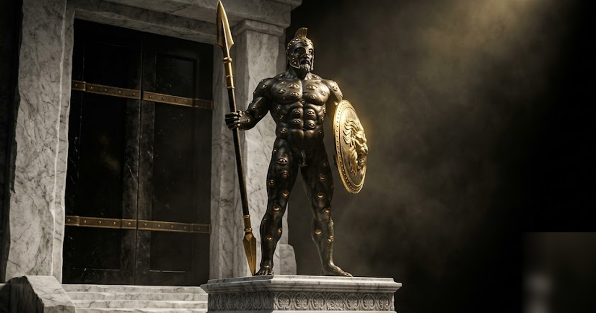 Argus the hundred-eyed giant rendered as a dark bronze and gold statue standing guard before a sealed obsidian chamber, void-black background, satin-gold highlights, cinematic chiaroscuro, frameless, 