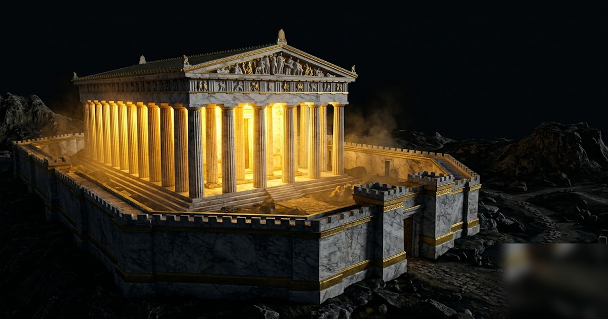 A fortified Greek temple sealed within its own walls, golden light contained entirely inside the columns and not escaping, void-black night sky, satin-gold marble, cinematic wide shot, frameless, no t