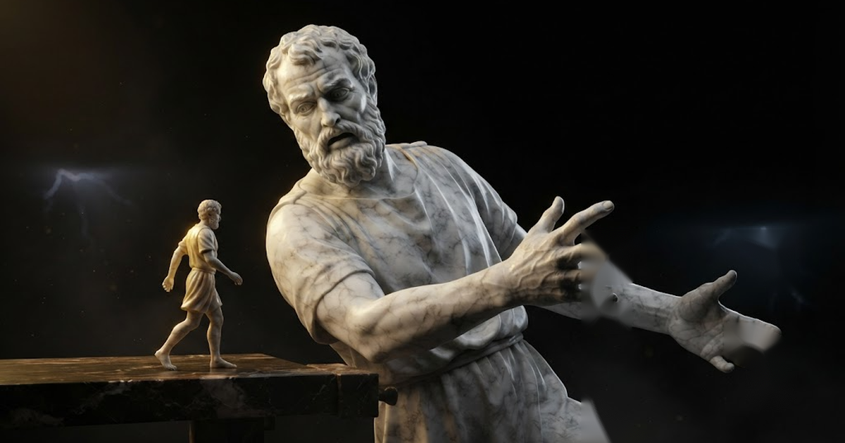Daedalus recoiling with open empty hands as the small carved figure he made steps down off his workbench and walks away under its own power, in a void of pure black, satin gold light skimming the moving limbs and his...