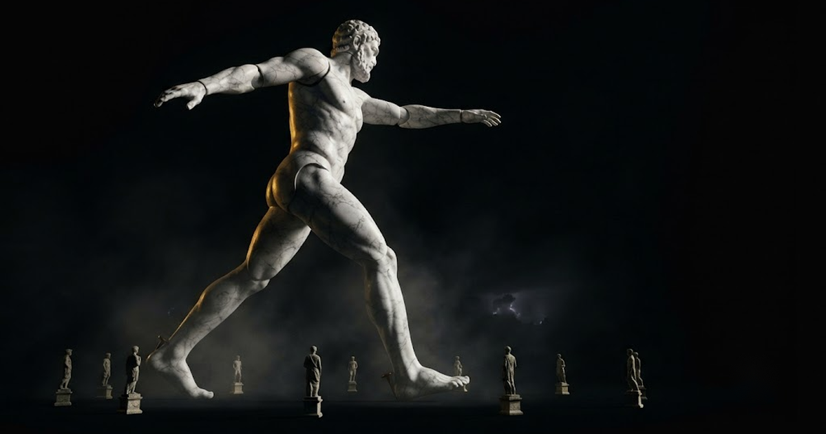Talos striding a full circuit around a low scattering of small fixed statues that cannot turn or reach past their own plinths, his great arm sweeping the whole boundary they share, in a void of pure black, satin gold...