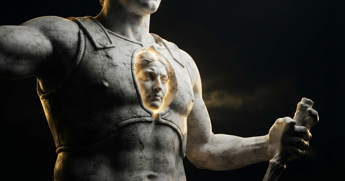 Metis sealed within the closed chest of a far greater figure, her wise face pressed outward against the stone from inside while her counsel still moves the giant's hand, in a void of pure black, satin gold light...