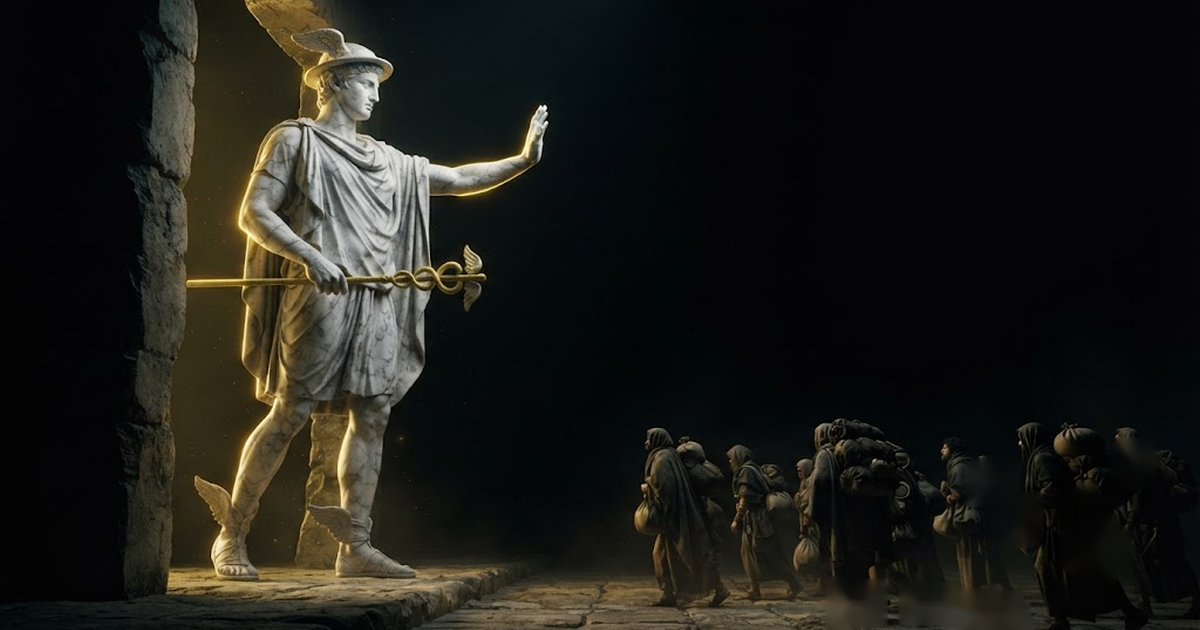 Hermes barring a threshold with his outstretched staff, halting a procession of heavily laden figures at the boundary stone until each one answers him, his gaze level and unhurried, in a void of pure black, satin...