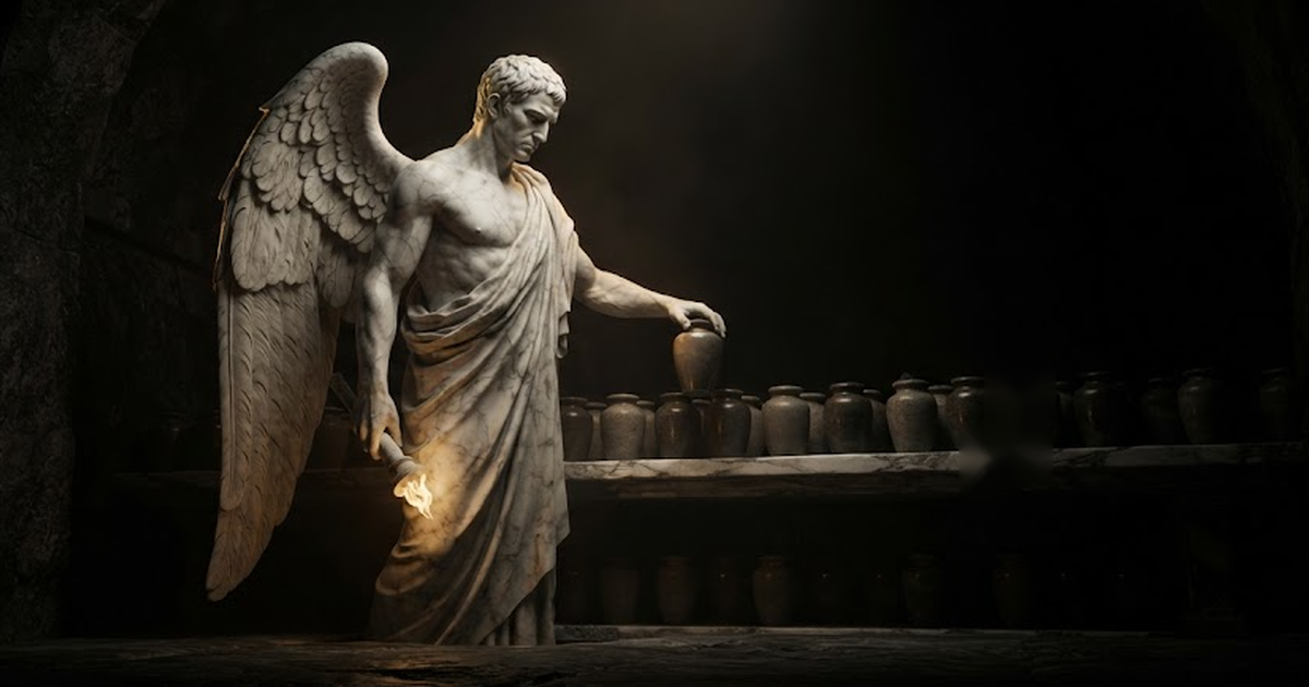 Thanatos, wings folded, calmly stacking sealed jars into a deep stone vault and resting one hand upon the lid to wait, in a void of pure black, satin gold light sliding across his lowered inverted torch and the cold...