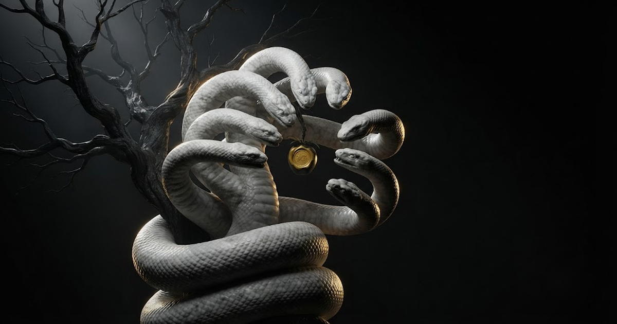 Many headed serpent Ladon coiled around a bare tree, every head turned inward to inspect one small wax impression pressed into a single hanging fruit, in a void of pure black, satin gold light licking each scale and...