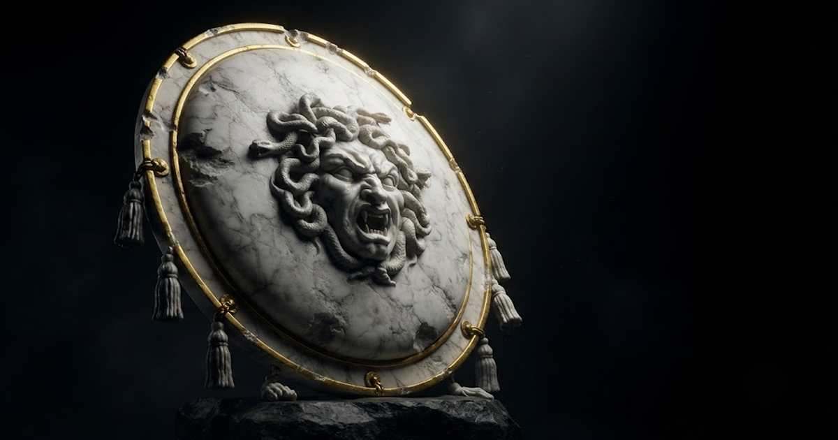Aegis, the gorgon faced shield itself, standing upright and complete with carved stone tassels, its rim dented by proof blows, tilted forward as though offered to be taken up, in a void of pure black, satin gold...