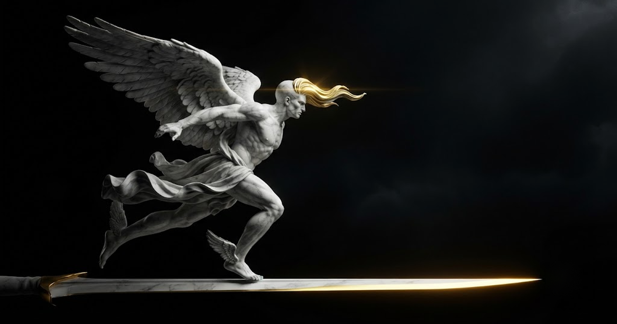 Kairos rushing past on winged feet, his single long forelock streaming forward while the back of his skull is smooth and ungraspable, balanced on a razor edge, in a void of pure black, satin gold light flaring along...
