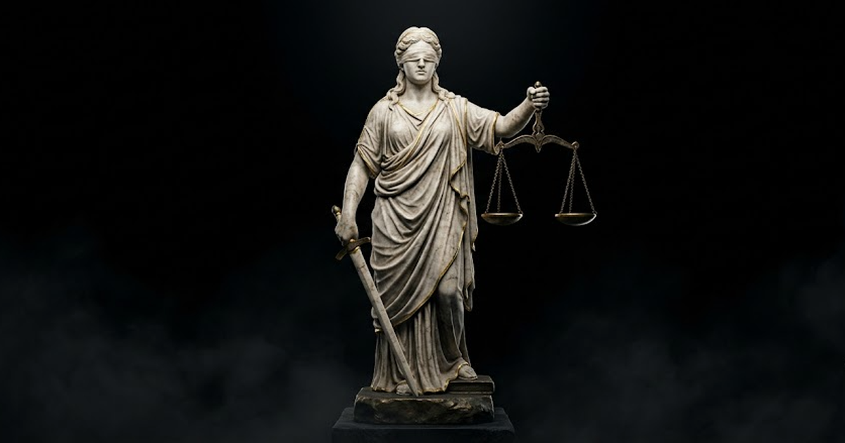 A single carved white marble statue of Themis, blindfolded and holding perfectly balanced scales, lit from one side against a pure void black background, satin gold accents catching the edges of the d