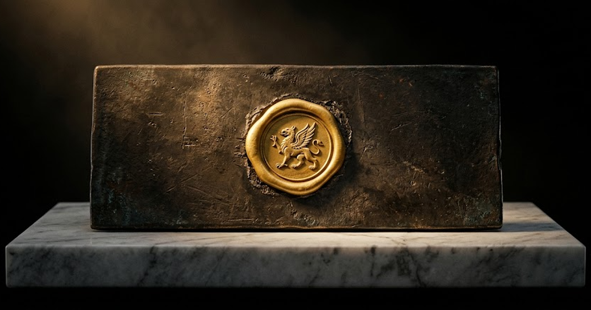 A sealed bronze tablet resting on a marble plinth, a single satin gold wax seal pressed at its centre, surrounded by pure void black emptiness, warm directional light raking across the aged bronze sur