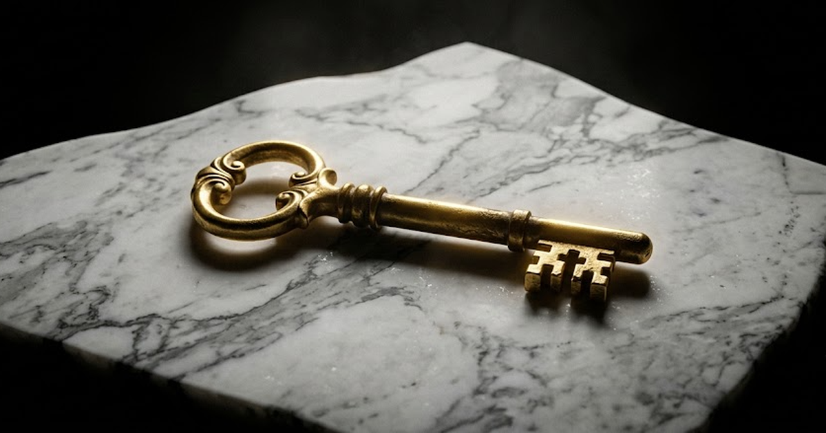 A heavy antique gold key lying alone on a slab of white-to-grey veined marble, void black background swallowing the edges, a faint satin gold glow tracing the key's teeth and bow, aged bronze shadows 