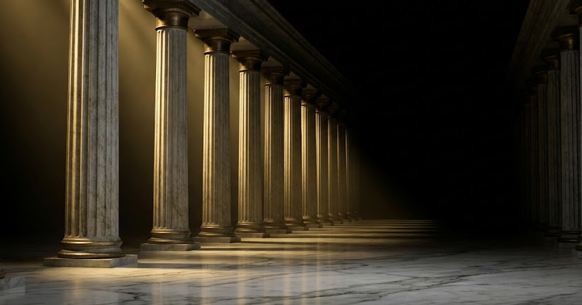 A long marble colonnade receding into pure void black darkness, each fluted column lit by a single shaft of warm gold light, the floor polished white-grey marble, aged bronze capitals catching faint h