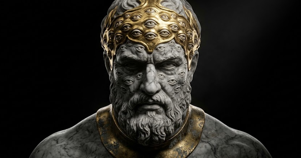 A gilded marble statue of Argus Panoptes, the many-eyed watcher, head and shoulders only, satin gold leaf across the brow against a pure void black field, marble flesh in soft grey, aged bronze at the