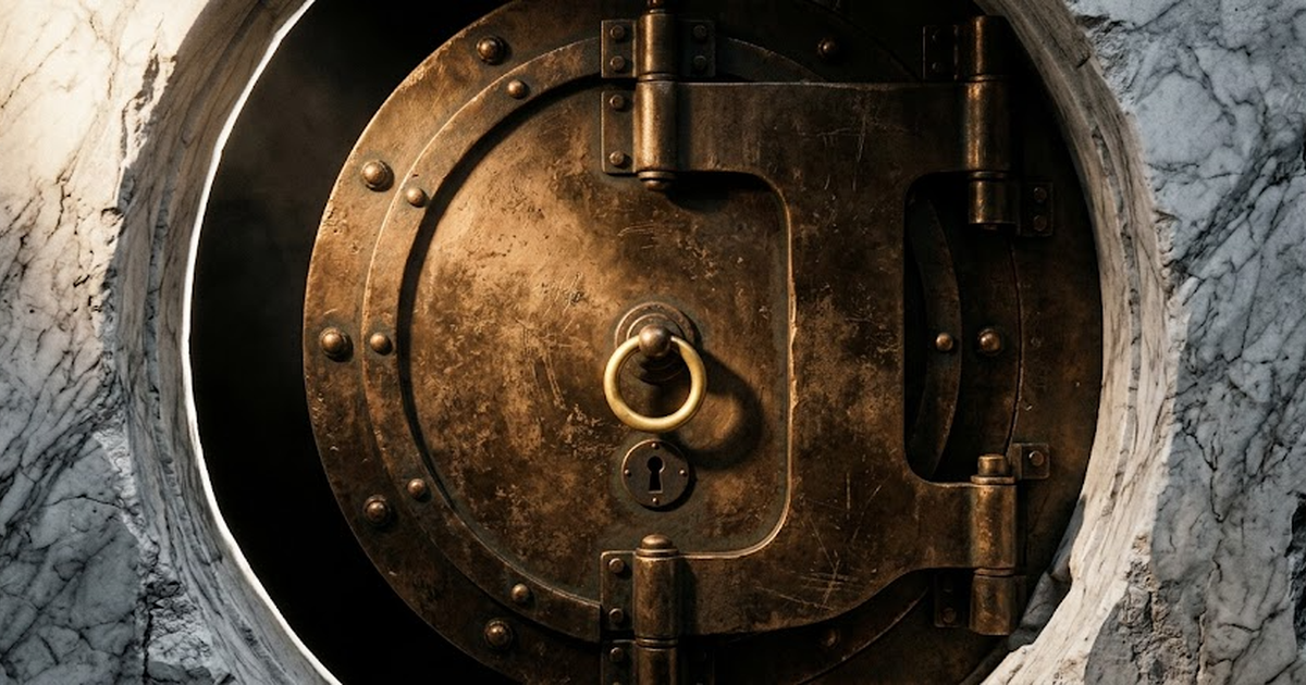 A closed bronze vault door set into a marble wall, a single satin gold ring handle at its centre, the surrounding void pure black, warm raking light revealing the worn texture of aged bronze and the c