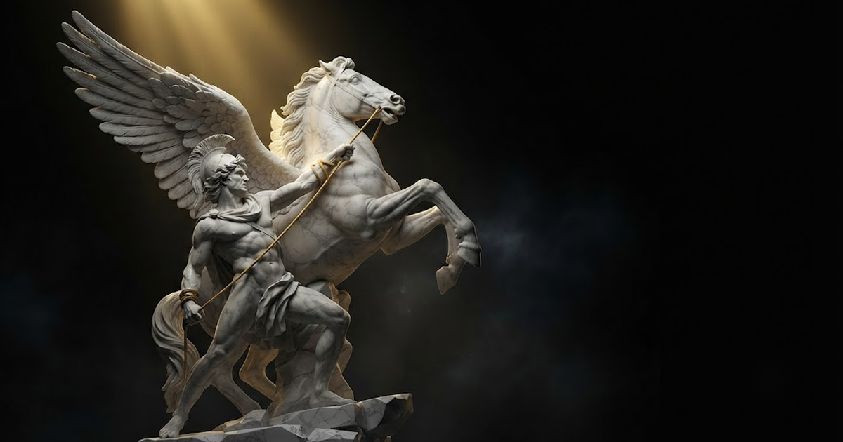 Bellerophon braced with a bridle wound twice around his forearm, the winged stallion rearing and lifting him off the stone by that grip alone, in a void of pure black, satin gold light pouring down the taut rein and...