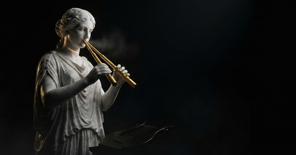 Euterpe playing her double aulos, both pipes sounding at once from her own breath while a borrowed lyre lies dark and silent at her feet, in a void of pure black, satin gold light gliding along the carved pipes and...