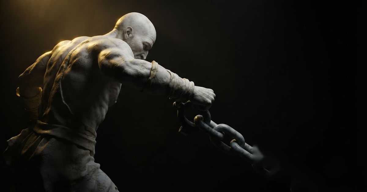 Kratos hammering a shackle closed with his bare fist, the chain running from his hand away into darkness where its far end cannot be seen, in a void of pure black, satin gold light striking his shoulders and each...