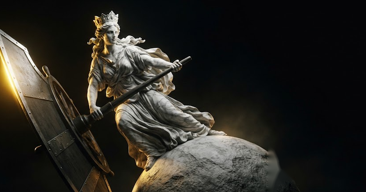 Tyche balanced on a rolling sphere that has already begun to tip, both hands closing on a great ship rudder as she drives it over, in a void of pure black, satin gold light flaring along the rudder blade and her...