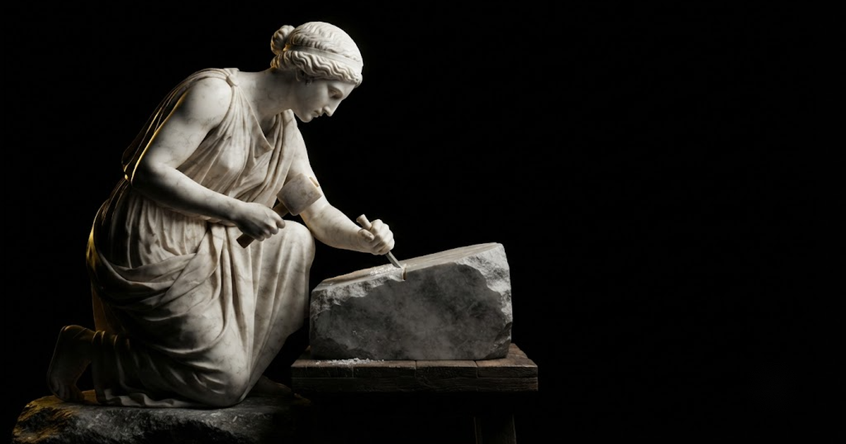Classical marble scene, Aletheia, gold rim light on void black