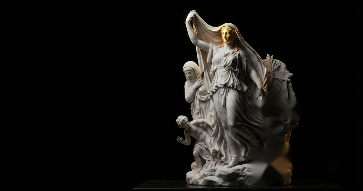 Classical marble scene, Aletheia, gold rim light on void black