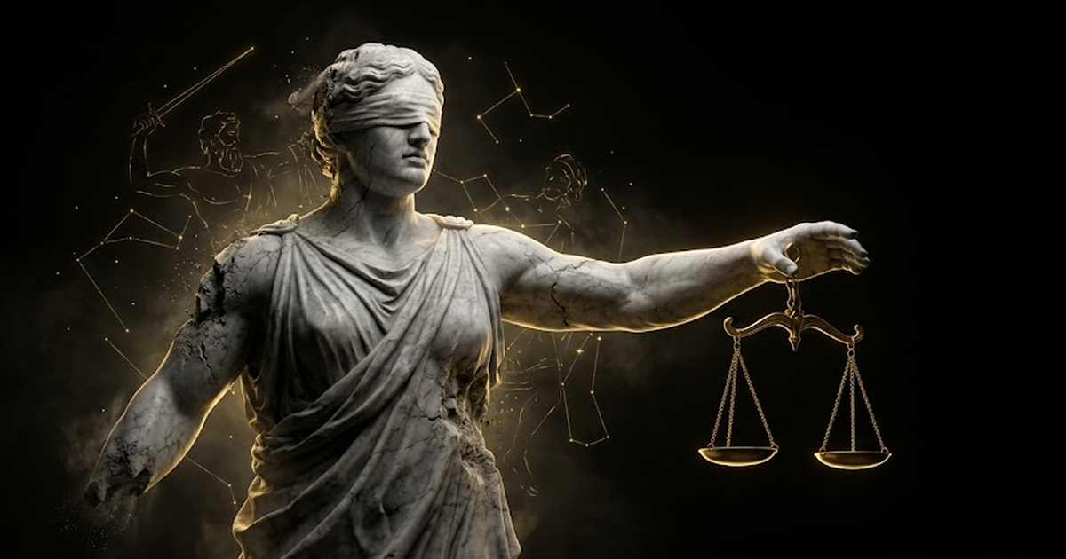 A colossal marble titan dissolving into shadow, one hand holding a golden set of scales against a void black sky scattered with faint gold constellations
