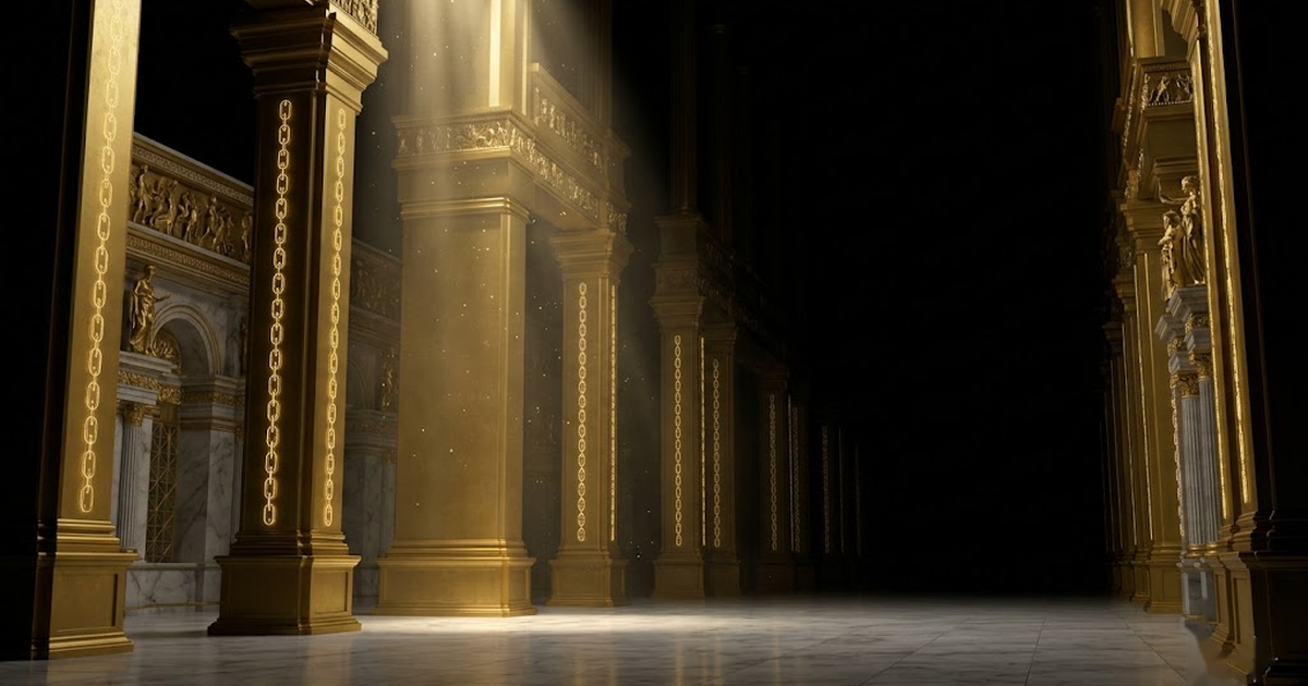 A vast hall of luminous gold pillars receding into darkness, each pillar inscribed with a faint chain of glowing links, cosmic dust drifting between them