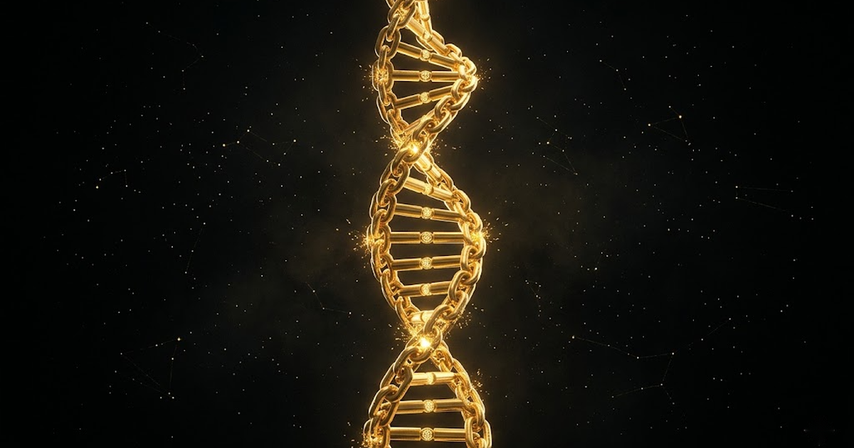 A single luminous golden double helix of cryptographic links ascending through a black cosmic void, each link sealed with a faint glowing sigil, stars in deep negative space