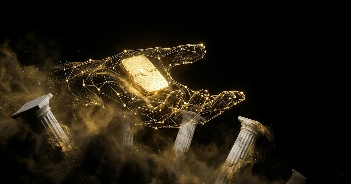 A pantheon of gold-lit constellations forming the silhouette of a vast open hand holding a single glowing sealed record, marble columns dissolving into cosmic shadow below