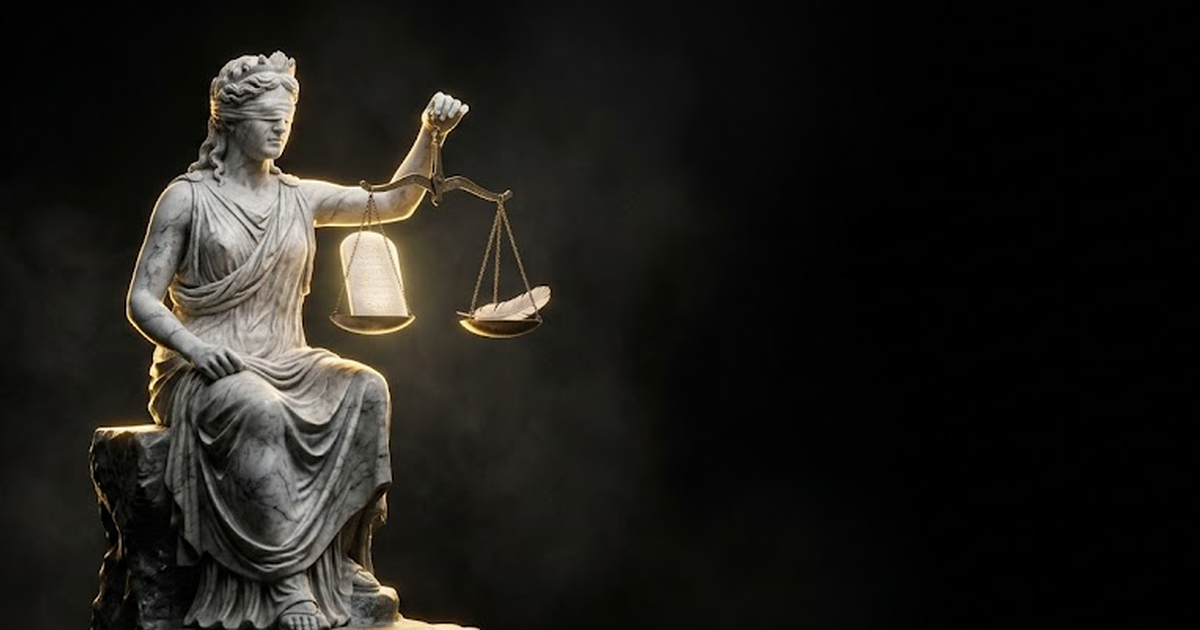 A marble Themis, blindfold lifted, weighing a glowing tablet of inscribed text against a single feather, lit by hard gold rim light against void black