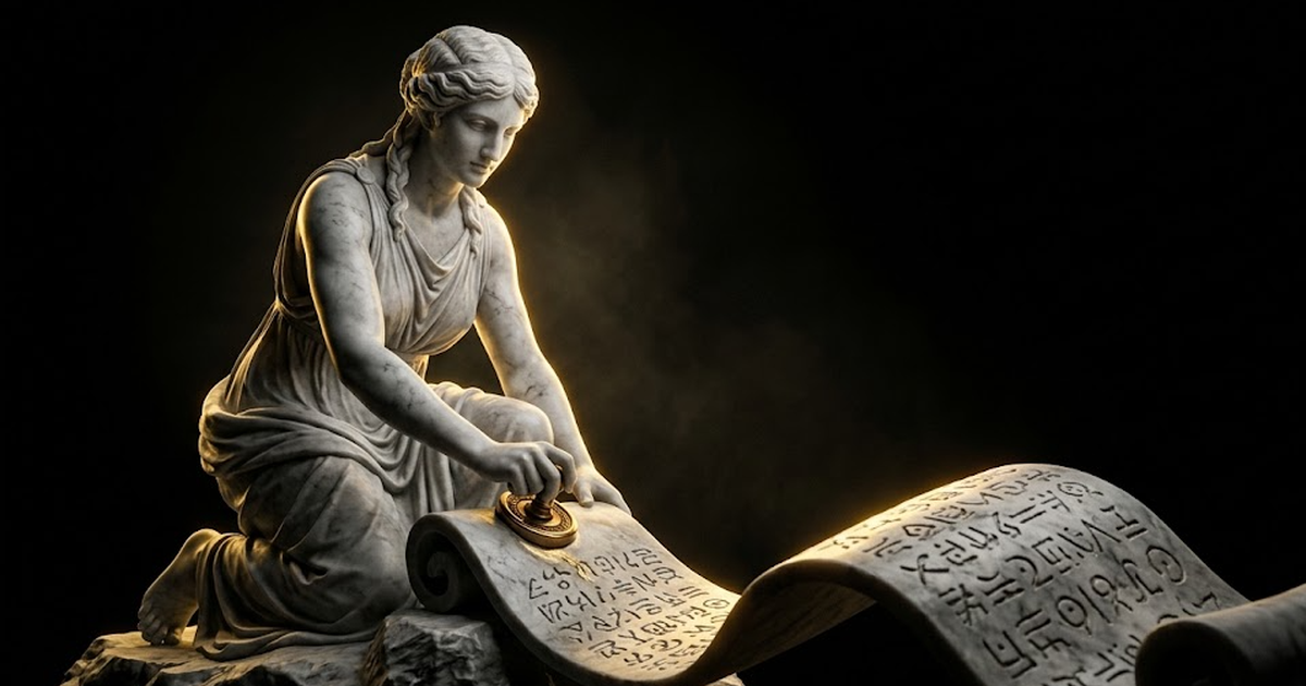 A marble Mnemosyne, goddess of memory, pressing a signet seal into a long unfurling scroll of carved glyphs, gold light catching the wax, deep dark negative space around her