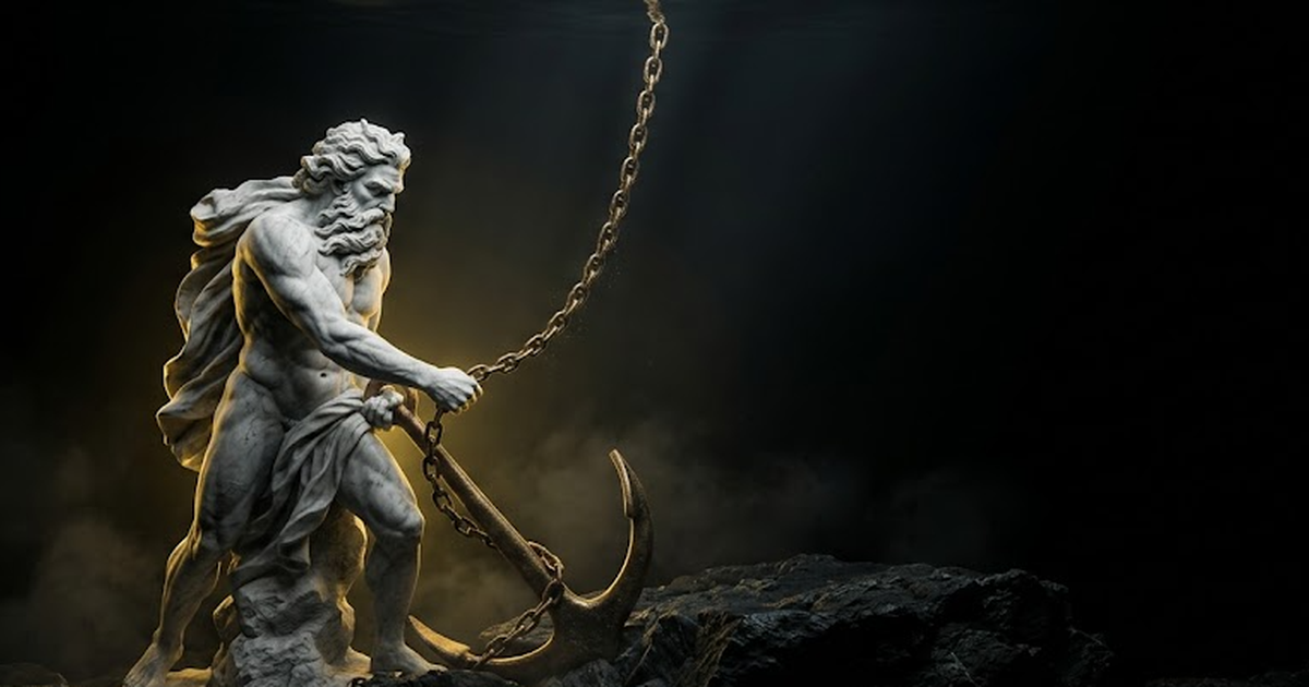 A colossal marble Poseidon driving a single anchor into bedrock beneath dark water, the chain taut and catching gold rim light, vast cinematic negative space above