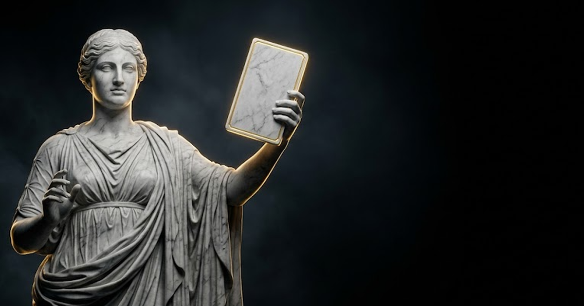 The Delphic Oracle in marble, calm and certain, holding up a single sealed tablet whose edge glows gold, addressing an unseen audience across deep dark space