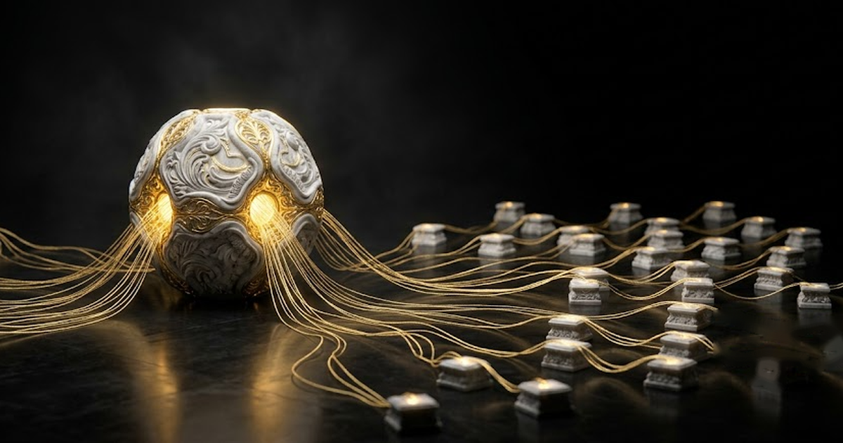 A single automated decision rippling outward through a network of human lives, rendered as fine gold lines on a black field