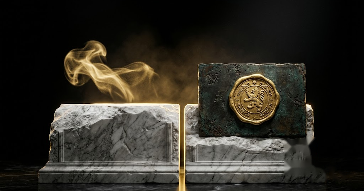 Two columns contrasted: a soft narrative speech bubble on the left, a sealed and signed document on the right, joined by a gold divider