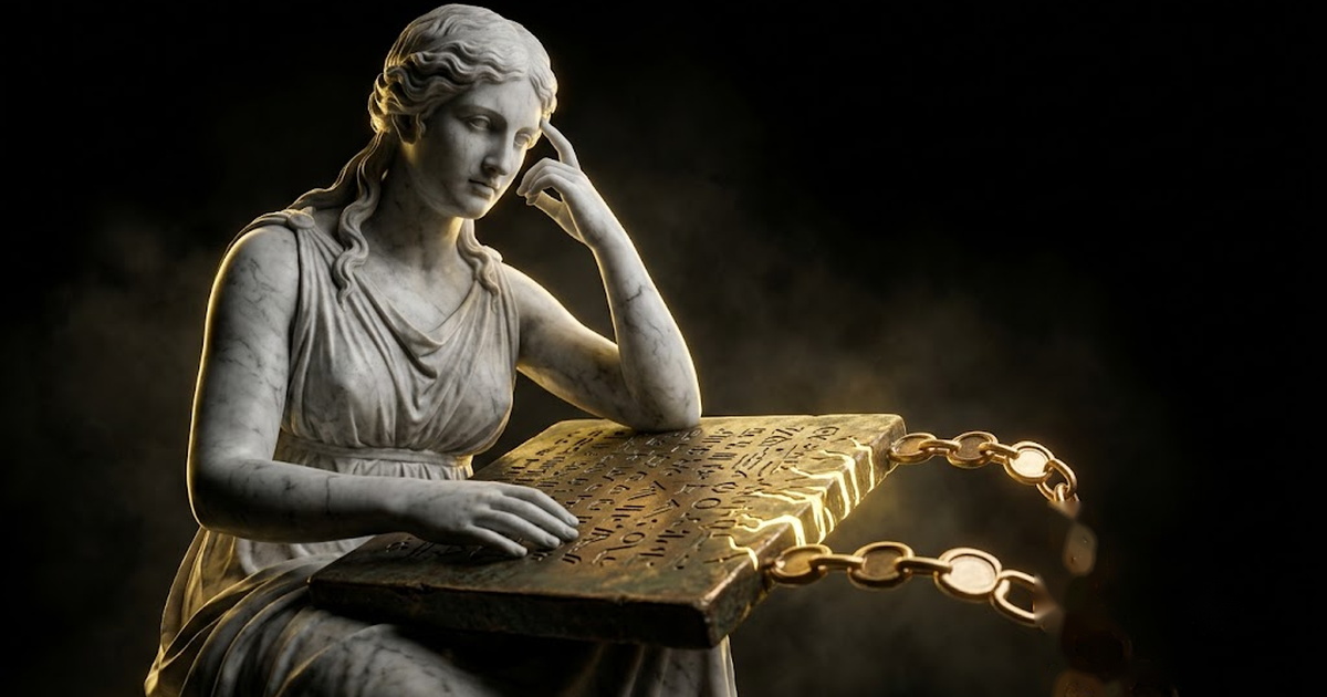 An old ledger book dissolving into a clean modern verification chain, gold ink flowing from one to the other on black