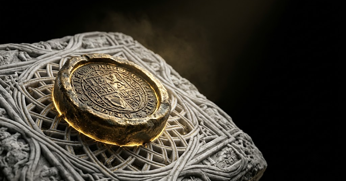 A gold seal stamped over a dense lattice of patent claim lines on a black background, suggesting a defended first position