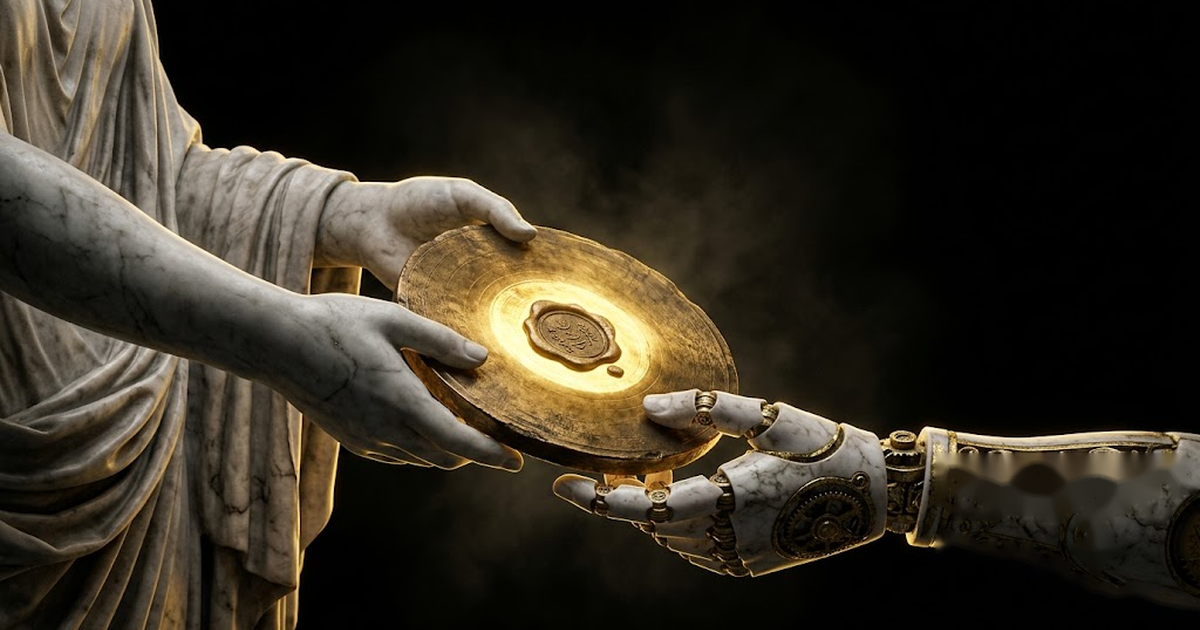A human hand and a machine producing a single shared sealed record between them, lit in gold on black, signalling shared accountability