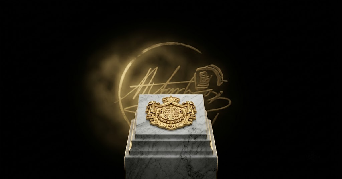 The Mickai gold M glyph on a deep void black field with a faint sealed-record motif behind it, calm and authoritative