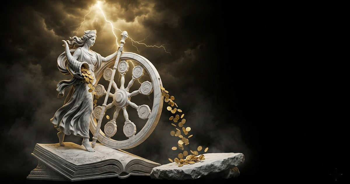 Tyche stands above a vast stone ledger, holding a great wheel of fortune whose spokes are glowing satin-gold audit seals, void black sky behind her