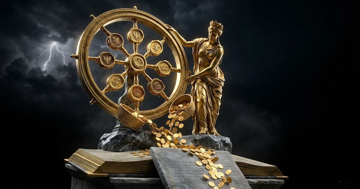 Gold coins fall in a precise stream onto an engraved stone tablet lit by satin gold light, each coin stamped with a seal, none falling into the surrounding shadow