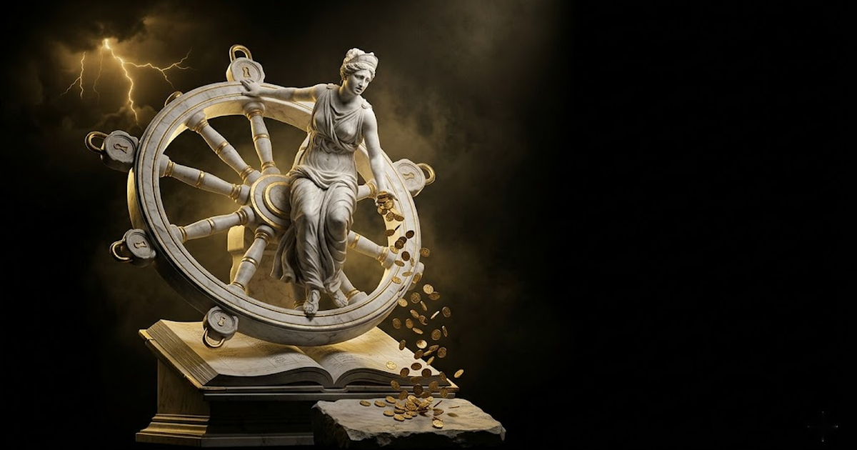 Close view of the wheel of fortune turned on its side as a great seal, its spokes radiating from a central glowing audit mark, satin gold on deep void black