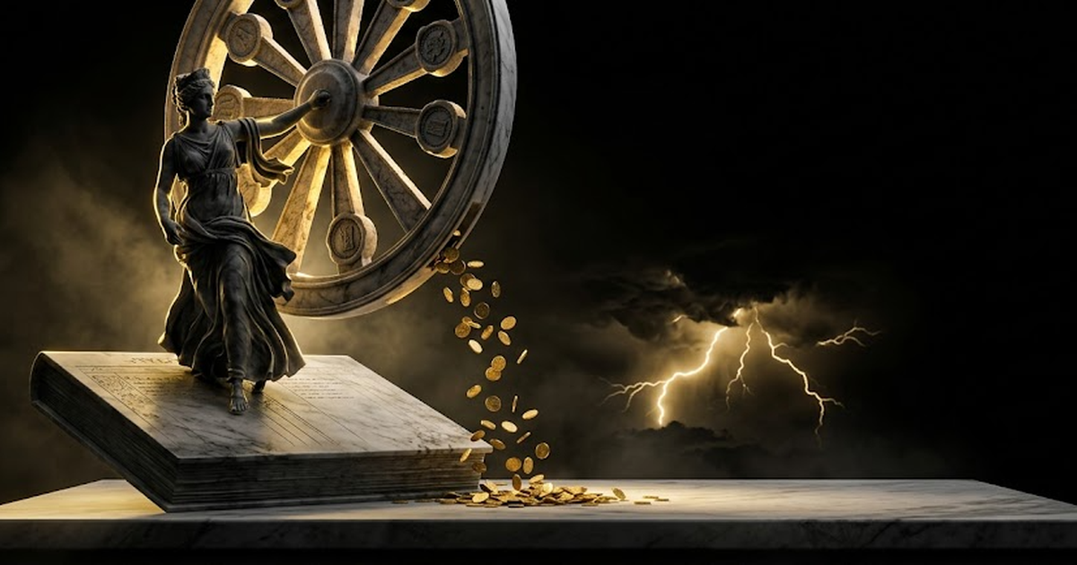 Tyche balancing the wheel of fortune above a ledger, the wheel's spokes are sealed audit seals, gold coins falling onto a stone tablet rather than into shadow