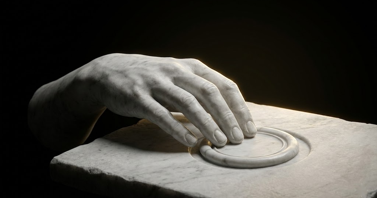 A marble hand pressing a wax seal into a tablet, lit by a single gold rim light against void black.
