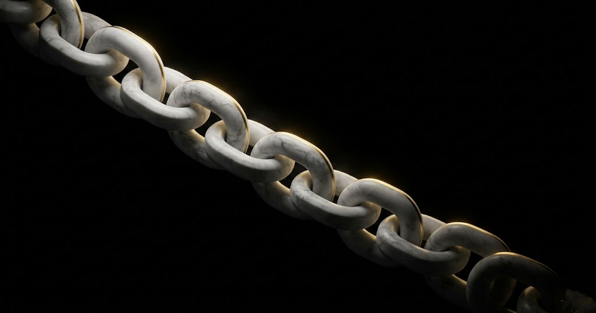 A descending chain of carved marble links against void black, each link catching a thin gold light.