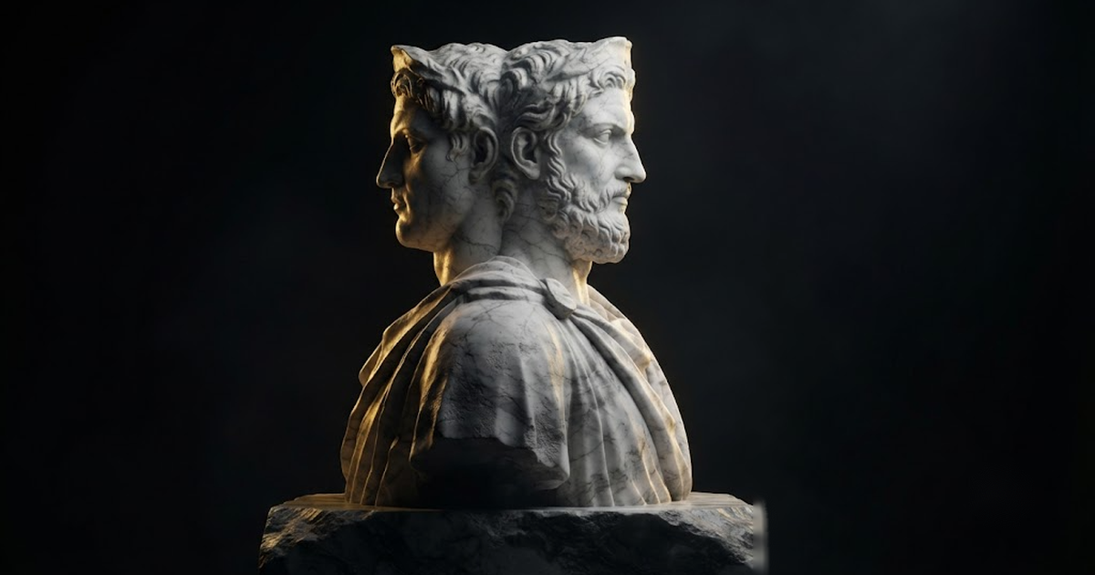 A colossal marble statue of a two-faced guardian looking in opposite directions, lit by gold light against black