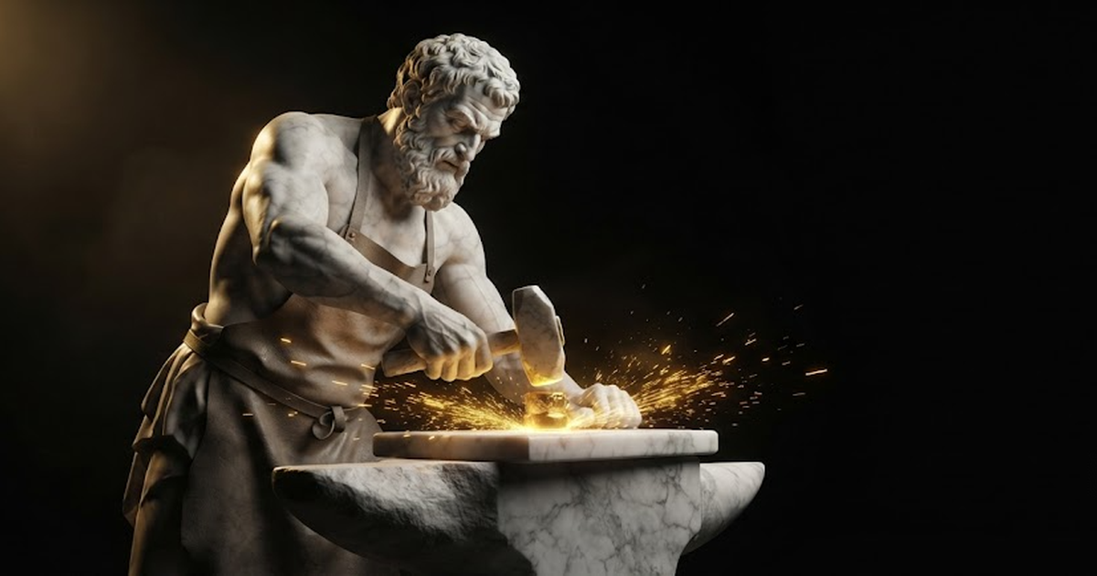 A colossal marble smith figure pressing a glowing seal into a tablet, gold light on his hands against black