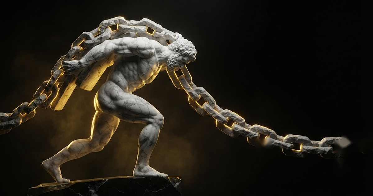 A colossal marble figure of a titan bearing an unbroken chain of linked stone tablets on his shoulders